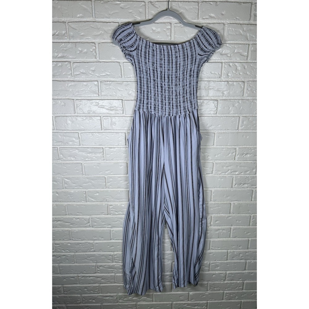 Justify L Smocked Off Shoulder Striped Jumpsuit Blue White Wide Leg Boho‎